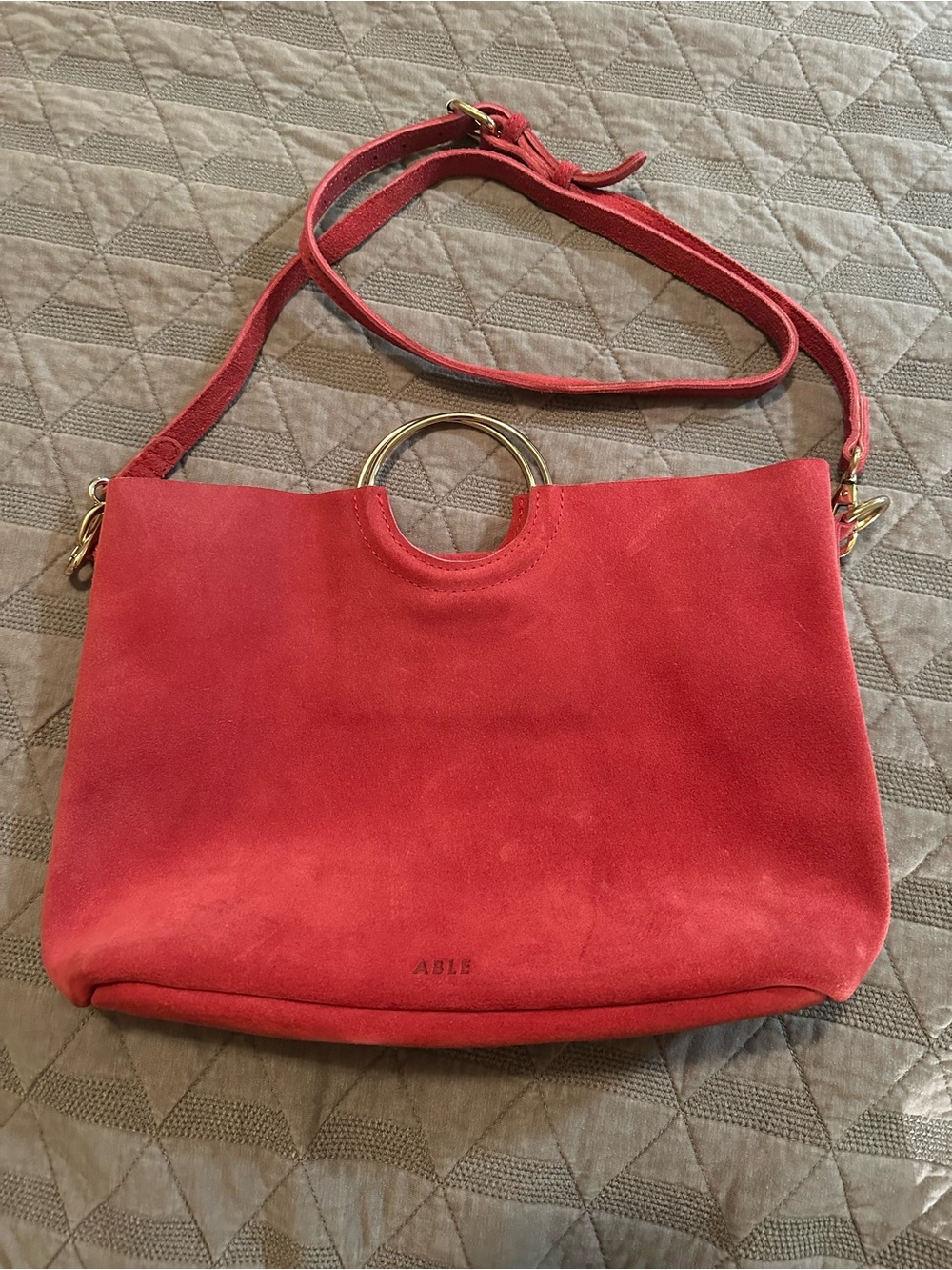 ABLE Dark Pink Suede Ring Handle Tote Crossbody Bag Gold Hardware